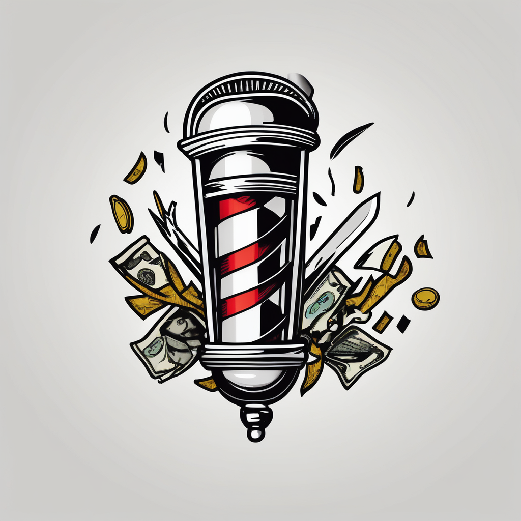 Barber Pole with scissors raining money THIS IS MY LIFE (2022) money bag, design de tatouage Minimaliste généré par IA